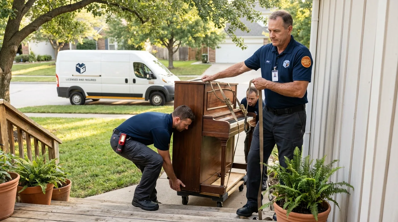 Licensed piano movers securing grand piano in Dover, OH